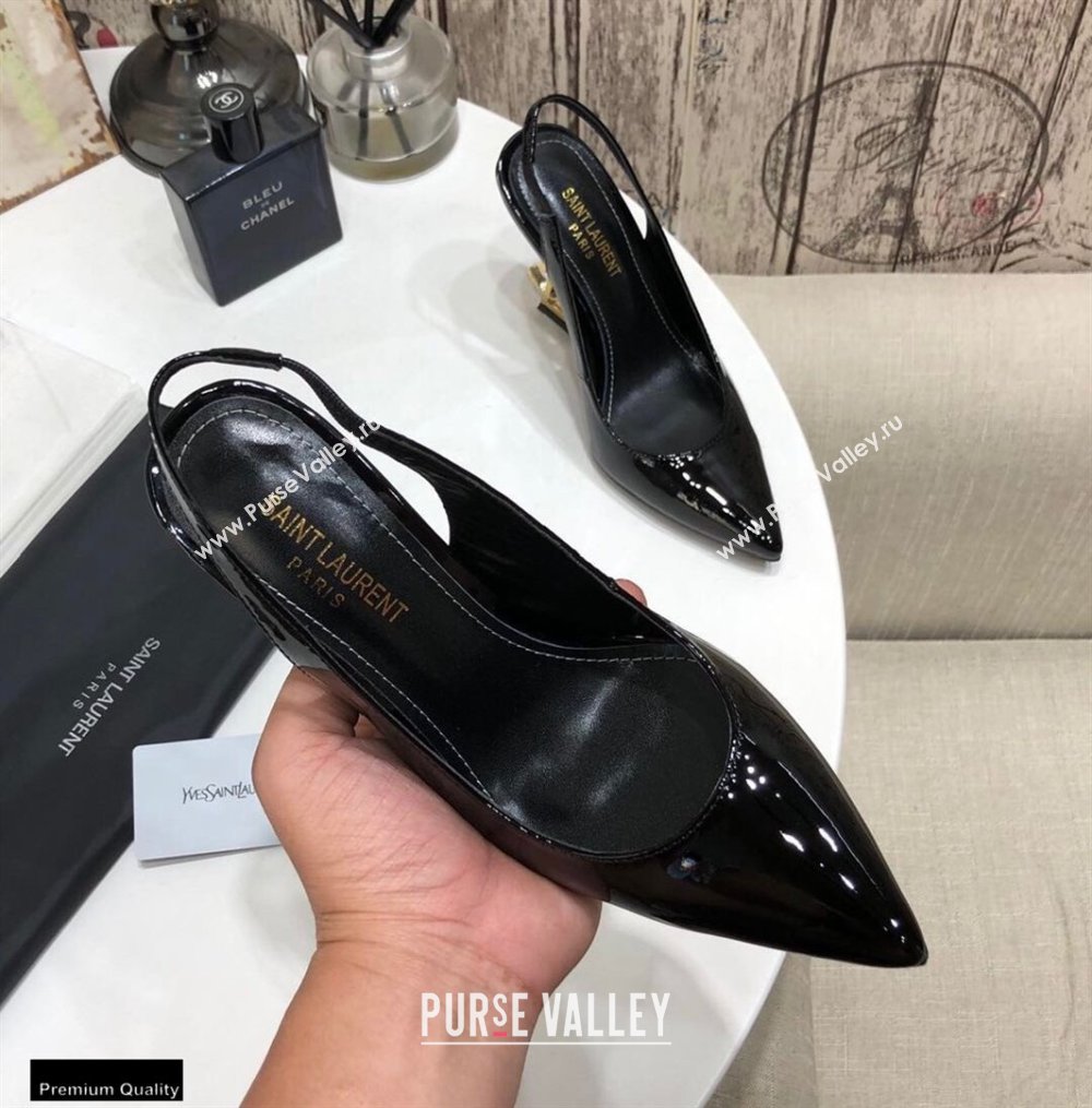 Saint Laurent Opyum Slingback Pumps Patent Black with Gold Interlocking YSL Logo Heel 11cm (modeng-20122925)