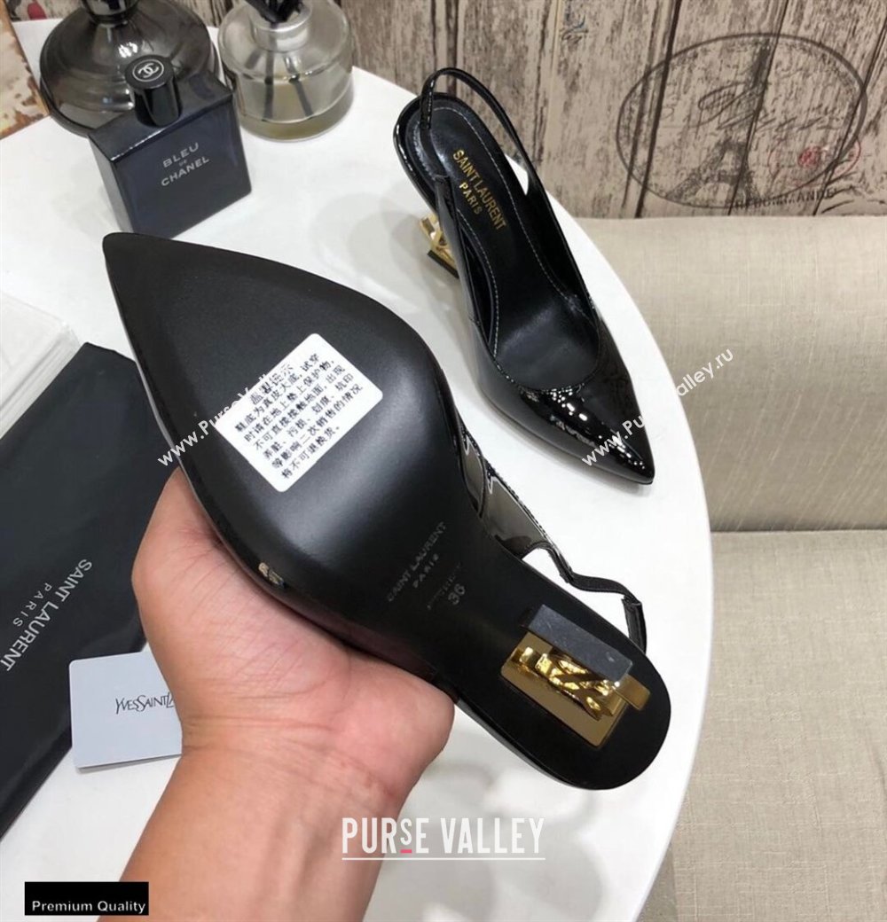 Saint Laurent Opyum Slingback Pumps Patent Black with Gold Interlocking YSL Logo Heel 11cm (modeng-20122925)