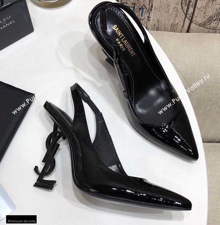 Saint Laurent Opyum Slingback Pumps Patent Black with Black Interlocking YSL Logo Heel 11cm (modeng-20122924)