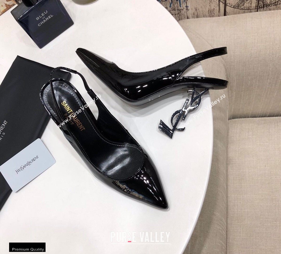 Saint Laurent Opyum Slingback Pumps Patent Black with Black Interlocking YSL Logo Heel 11cm (modeng-20122924)