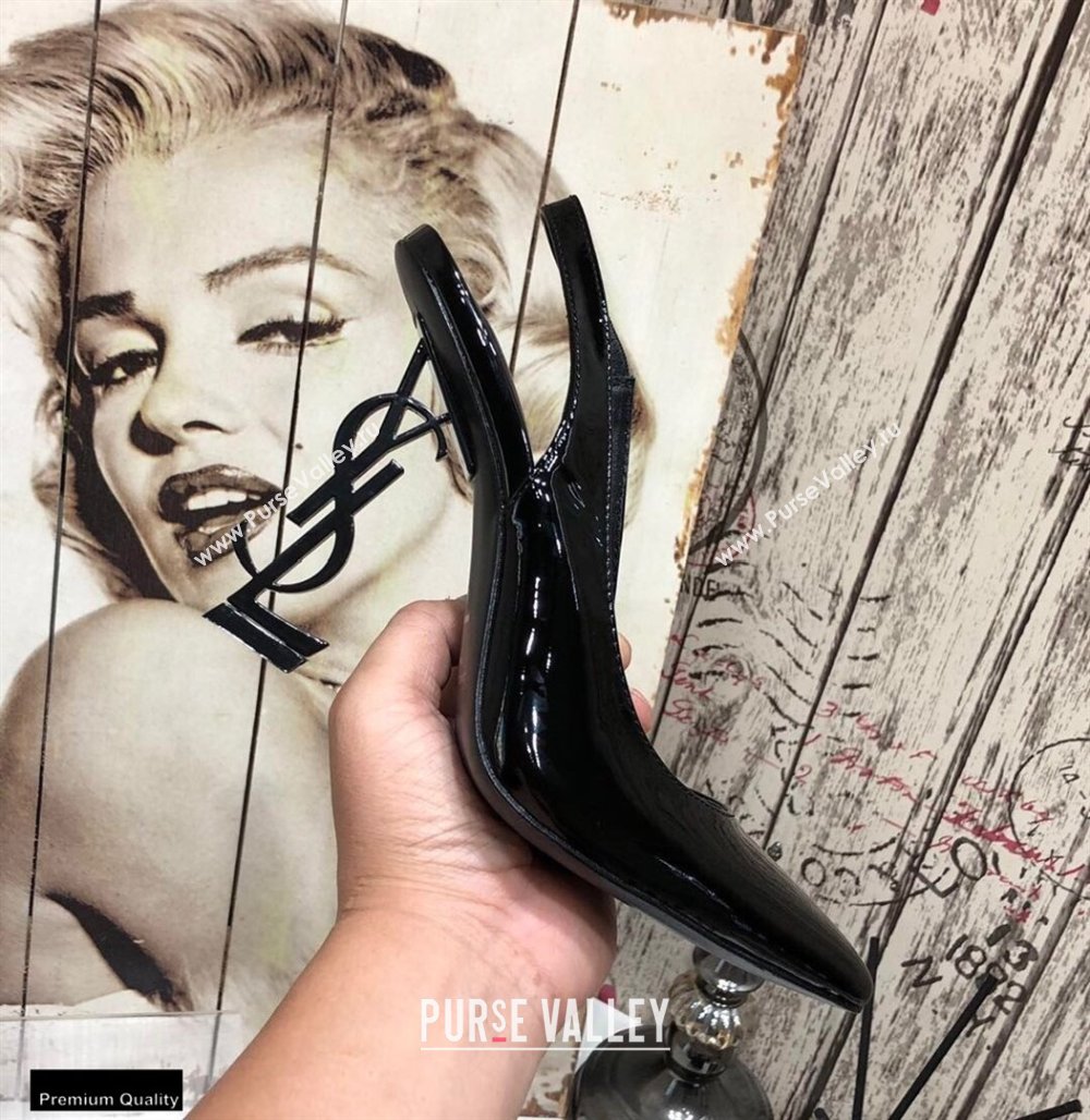 Saint Laurent Opyum Slingback Pumps Patent Black with Black Interlocking YSL Logo Heel 11cm (modeng-20122924)