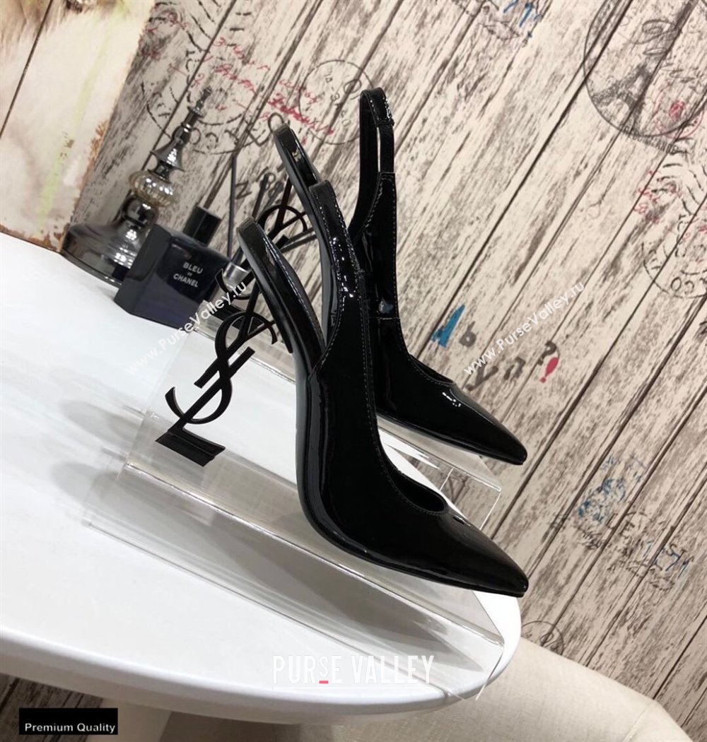 Saint Laurent Opyum Slingback Pumps Patent Black with Black Interlocking YSL Logo Heel 11cm (modeng-20122924)