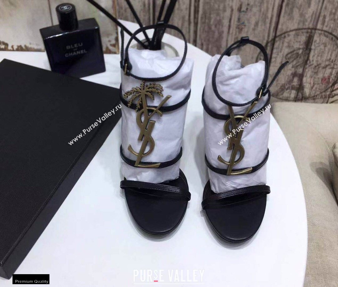 Saint Laurent Cassandra Sandals Black with Gold Palm Monogram YSL Logo Heel 10.5cm (modeng-20122935)