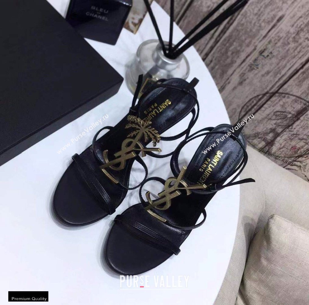 Saint Laurent Cassandra Sandals Black with Gold Palm Monogram YSL Logo Heel 10.5cm (modeng-20122935)