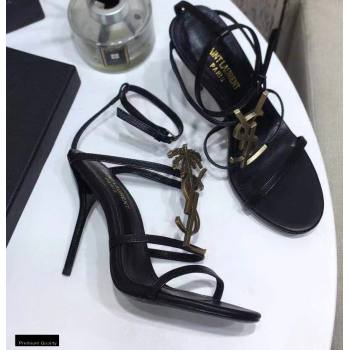 Saint Laurent Cassandra Sandals Black with Gold Palm Monogram YSL Logo Heel 10.5cm (modeng-20122935)