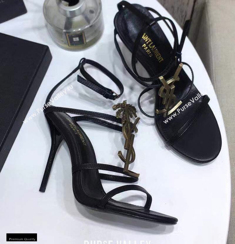 Saint Laurent Cassandra Sandals Black with Gold Palm Monogram YSL Logo Heel 10.5cm (modeng-20122935)