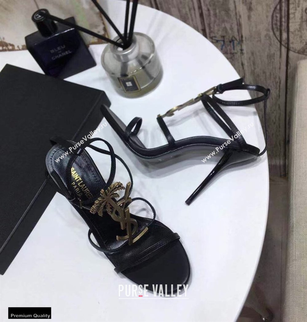 Saint Laurent Cassandra Sandals Black with Gold Palm Monogram YSL Logo Heel 10.5cm (modeng-20122935)