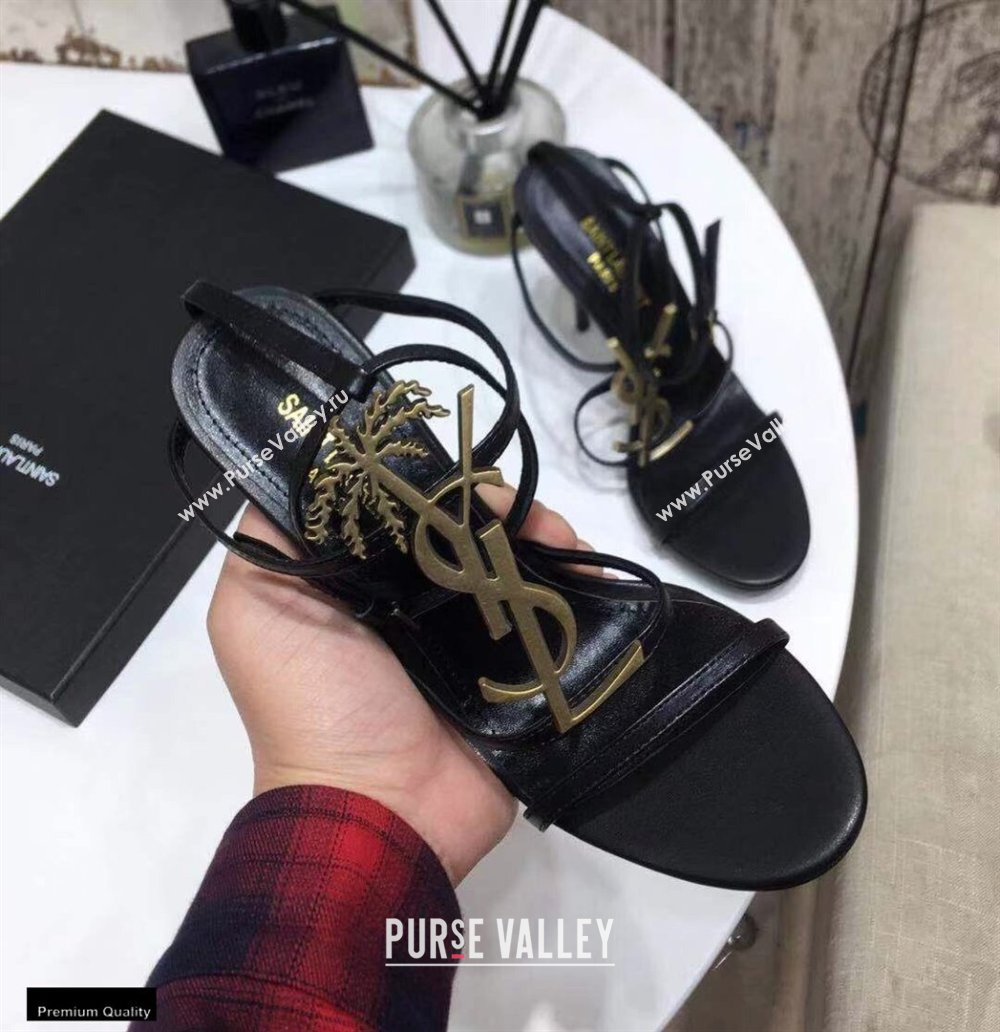 Saint Laurent Cassandra Sandals Black with Gold Palm Monogram YSL Logo Heel 10.5cm (modeng-20122935)