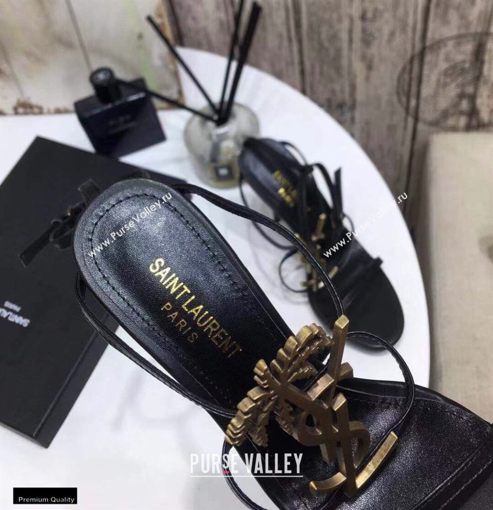 Saint Laurent Cassandra Sandals Black with Gold Palm Monogram YSL Logo Heel 10.5cm (modeng-20122935)