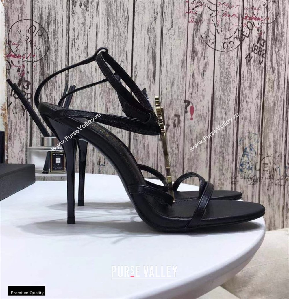 Saint Laurent Cassandra Sandals Black with Gold Palm Monogram YSL Logo Heel 10.5cm (modeng-20122935)