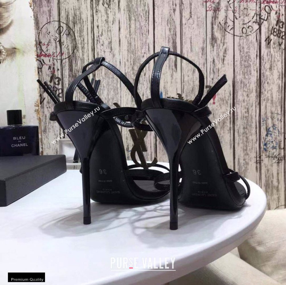 Saint Laurent Cassandra Sandals Black with Gold Palm Monogram YSL Logo Heel 10.5cm (modeng-20122935)