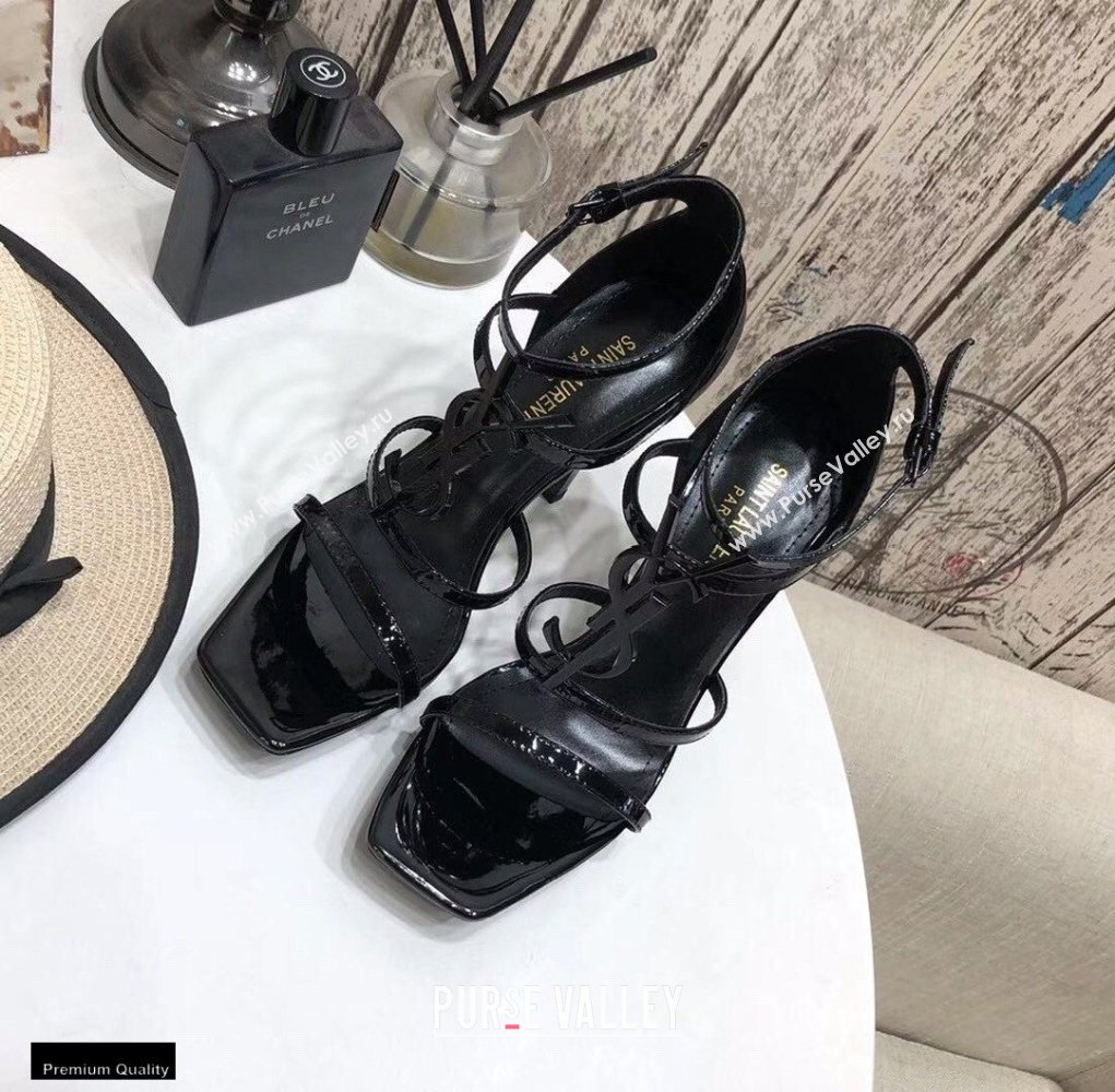 Saint Laurent Cassandra Platform Sandals Patent Black with Monogram YSL Logo Heel 11cm (modeng-20122936)