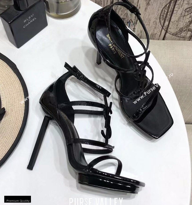 Saint Laurent Cassandra Platform Sandals Patent Black with Monogram YSL Logo Heel 11cm (modeng-20122936)