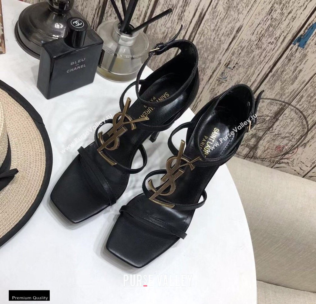 Saint Laurent Cassandra Platform Sandals Black with Gold Monogram YSL Logo Heel 11cm (modeng-20122938)