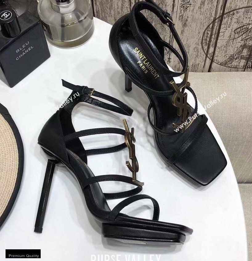 Saint Laurent Cassandra Platform Sandals Black with Gold Monogram YSL Logo Heel 11cm (modeng-20122938)