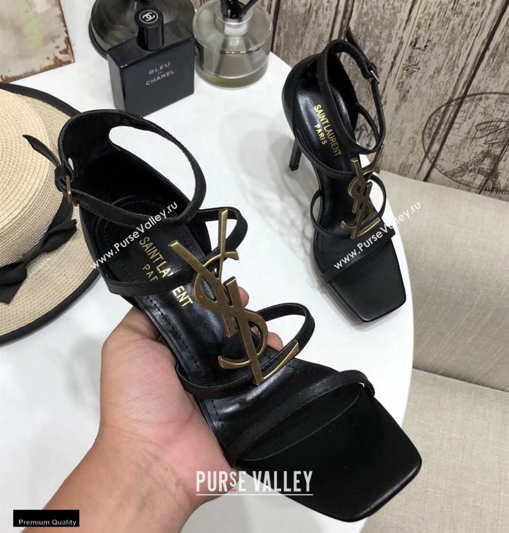 Saint Laurent Cassandra Platform Sandals Black with Gold Monogram YSL Logo Heel 11cm (modeng-20122938)