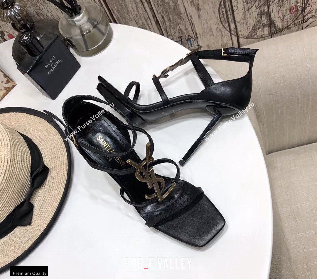 Saint Laurent Cassandra Platform Sandals Black with Gold Monogram YSL Logo Heel 11cm (modeng-20122938)