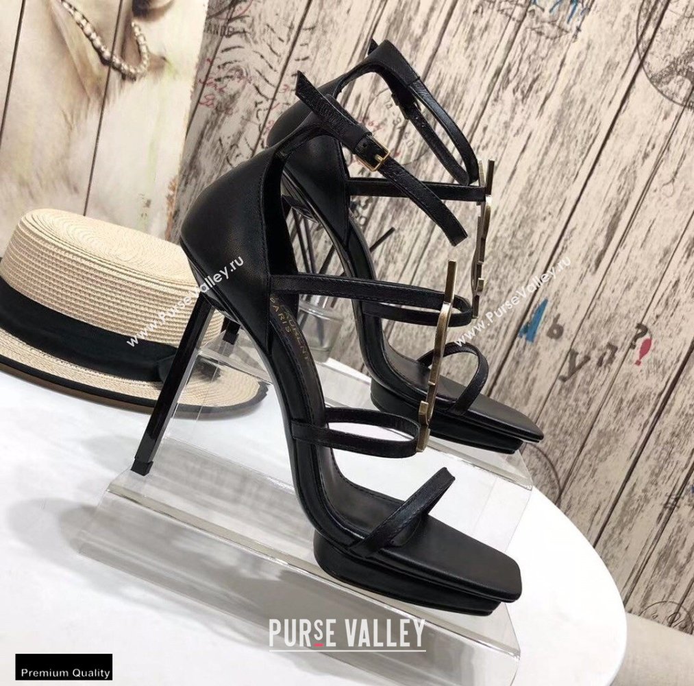 Saint Laurent Cassandra Platform Sandals Black with Gold Monogram YSL Logo Heel 11cm (modeng-20122938)