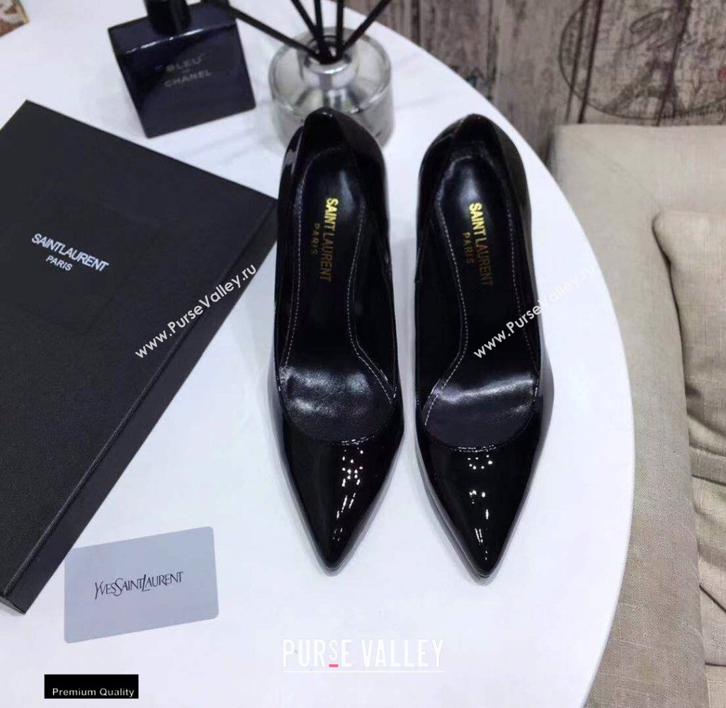 Saint Laurent Opyum Pumps Patent Black with Blue Interlocking YSL Logo Heel 11cm (modeng-20122919)