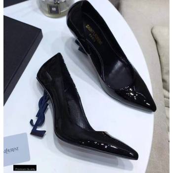 Saint Laurent Opyum Pumps Patent Black with Blue Interlocking YSL Logo Heel 11cm (modeng-20122919)