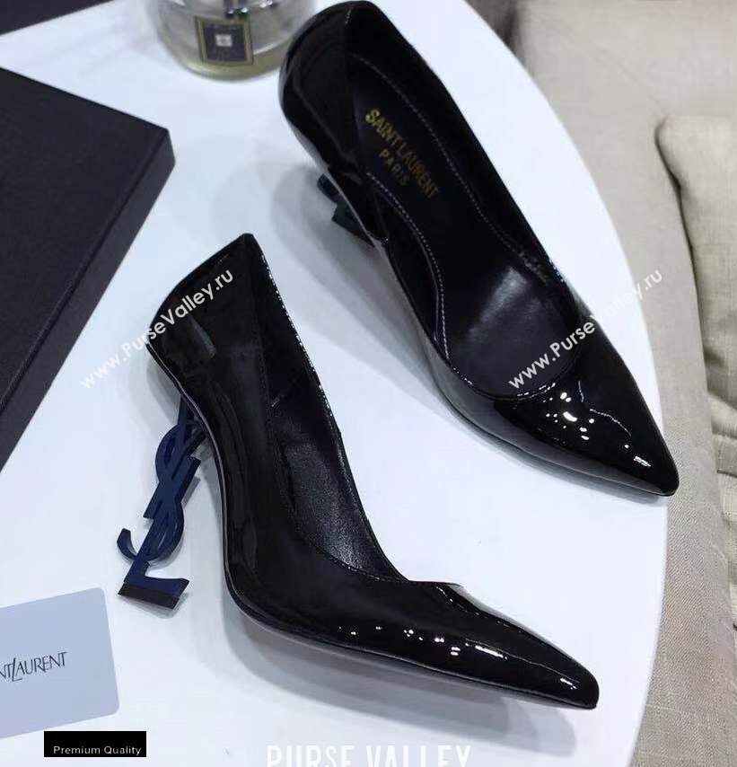 Saint Laurent Opyum Pumps Patent Black with Blue Interlocking YSL Logo Heel 11cm (modeng-20122919)