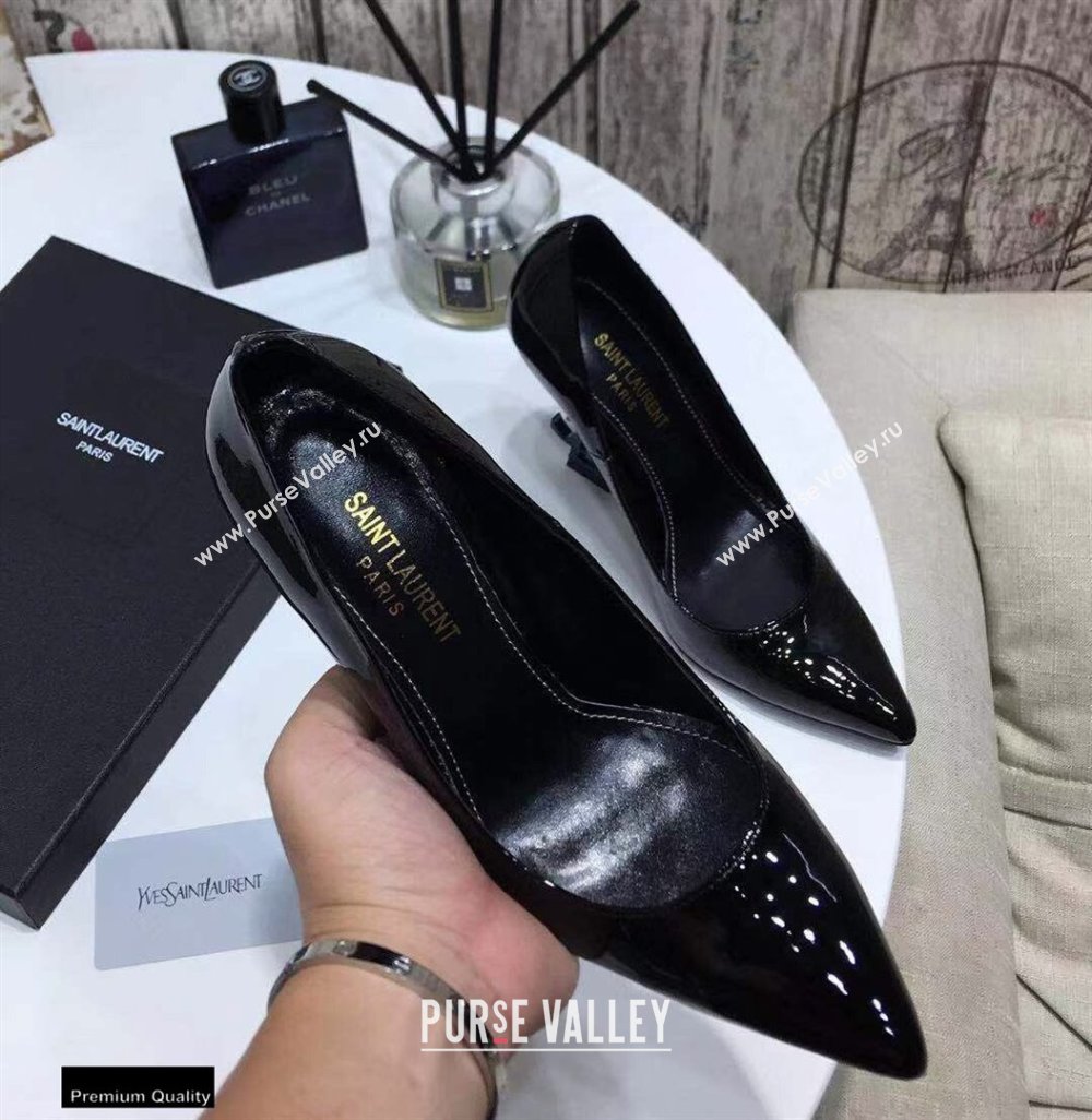 Saint Laurent Opyum Pumps Patent Black with Blue Interlocking YSL Logo Heel 11cm (modeng-20122919)