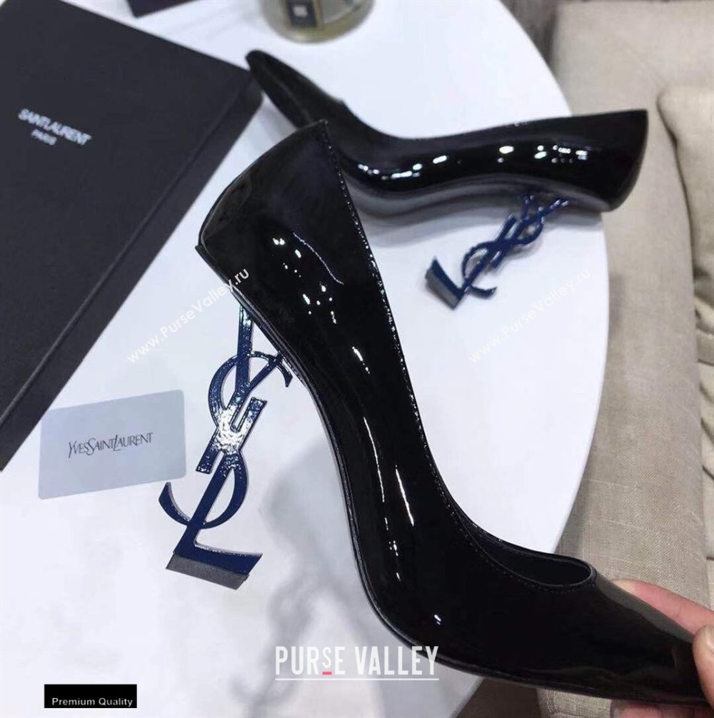 Saint Laurent Opyum Pumps Patent Black with Blue Interlocking YSL Logo Heel 11cm (modeng-20122919)