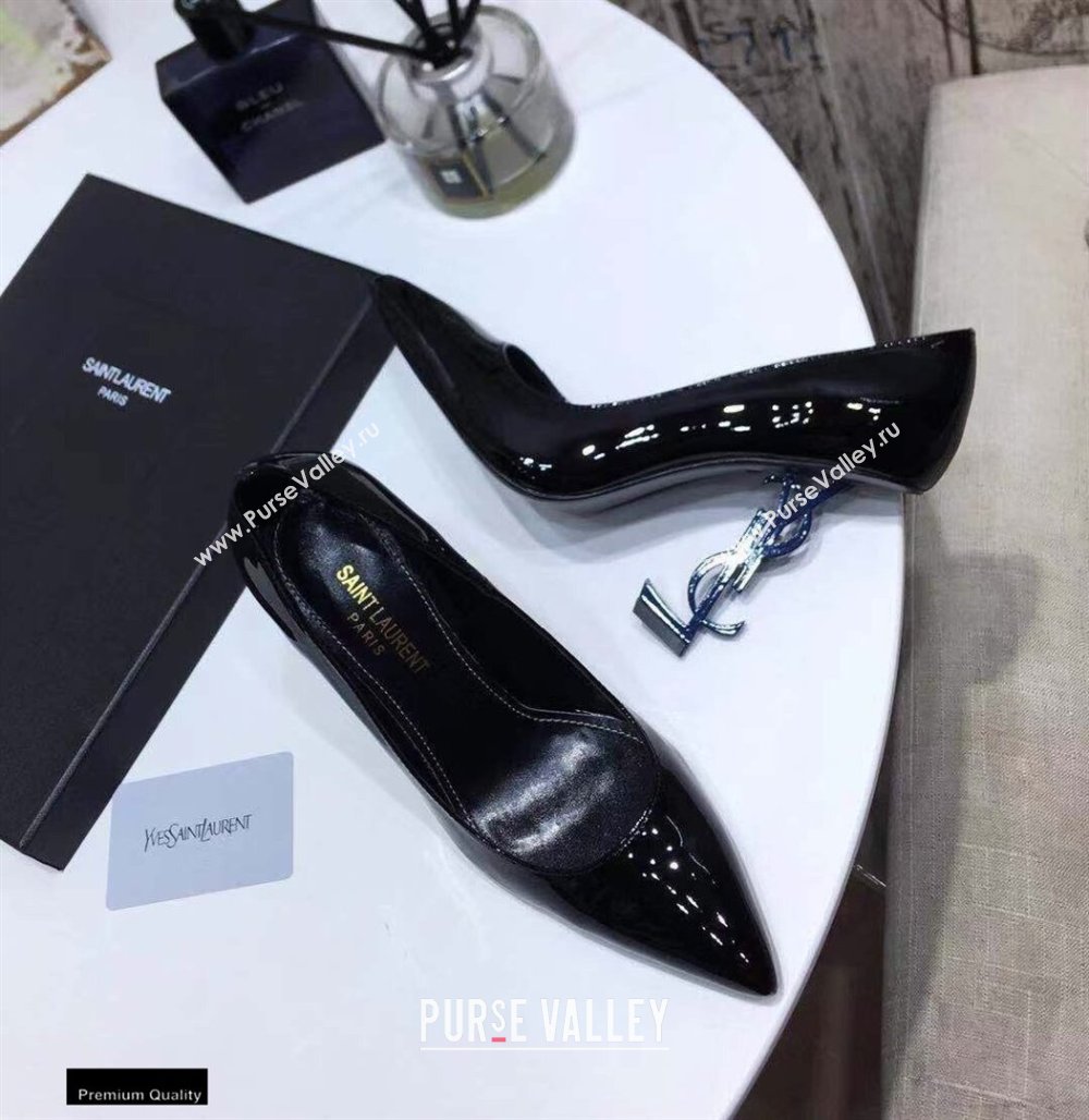 Saint Laurent Opyum Pumps Patent Black with Blue Interlocking YSL Logo Heel 11cm (modeng-20122919)