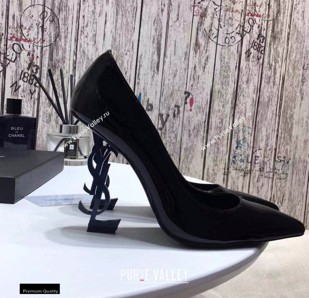 Saint Laurent Opyum Pumps Patent Black with Blue Interlocking YSL Logo Heel 11cm (modeng-20122919)