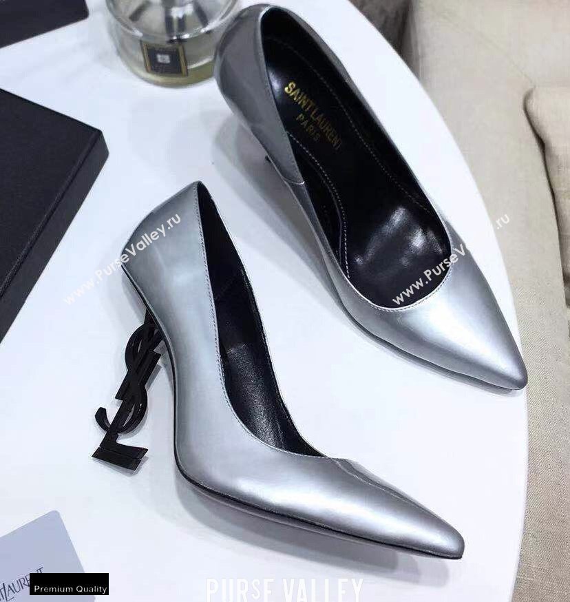 Saint Laurent Opyum Pumps Silver with Black Interlocking YSL Logo Heel 11cm (modeng-20122916)