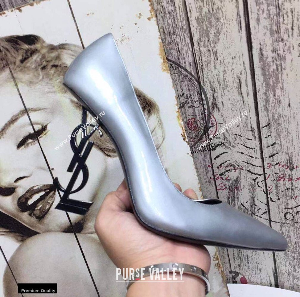 Saint Laurent Opyum Pumps Silver with Black Interlocking YSL Logo Heel 11cm (modeng-20122916)