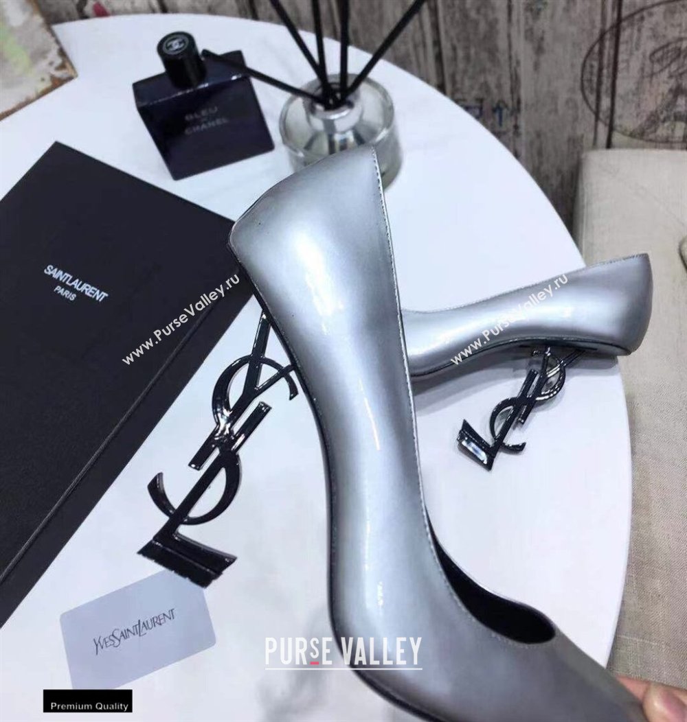 Saint Laurent Opyum Pumps Silver with Black Interlocking YSL Logo Heel 11cm (modeng-20122916)