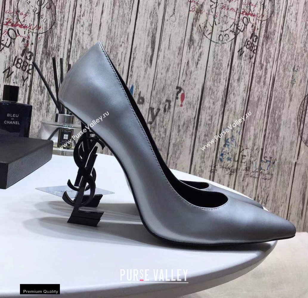 Saint Laurent Opyum Pumps Silver with Black Interlocking YSL Logo Heel 11cm (modeng-20122916)