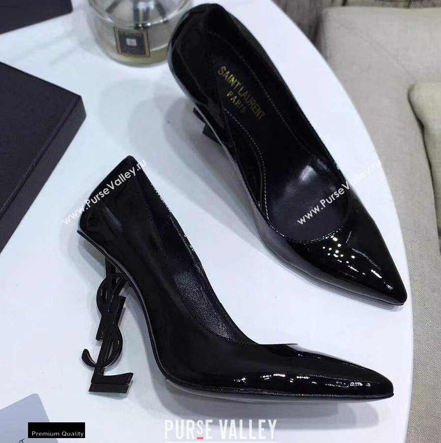 Saint Laurent Opyum Pumps Patent Black with Black Interlocking YSL Logo Heel 11cm (modeng-20122917)