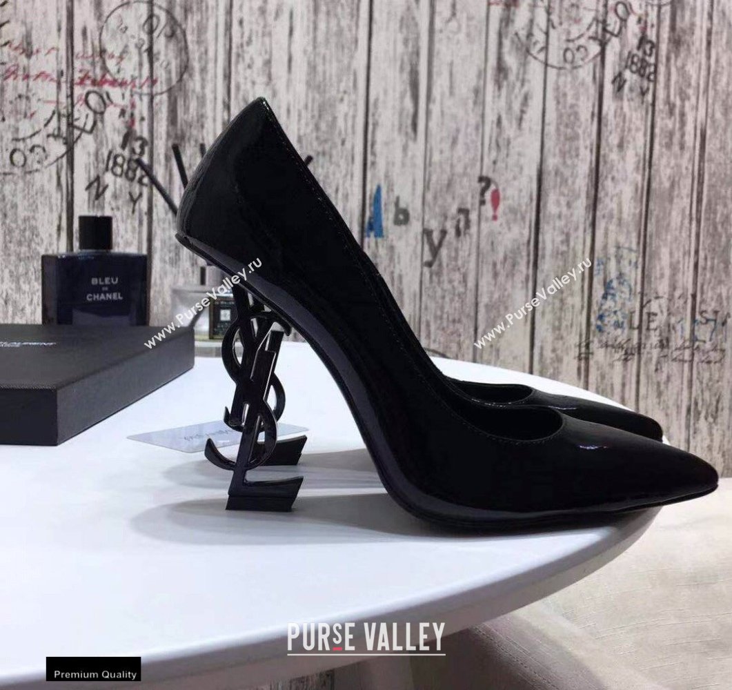 Saint Laurent Opyum Pumps Patent Black with Black Interlocking YSL Logo Heel 11cm (modeng-20122917)