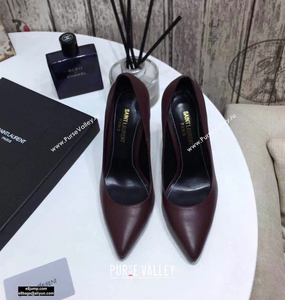 Saint Laurent Opyum Pumps Burgundy with Gold Interlocking YSL Logo Heel 11cm (modeng-20122915)