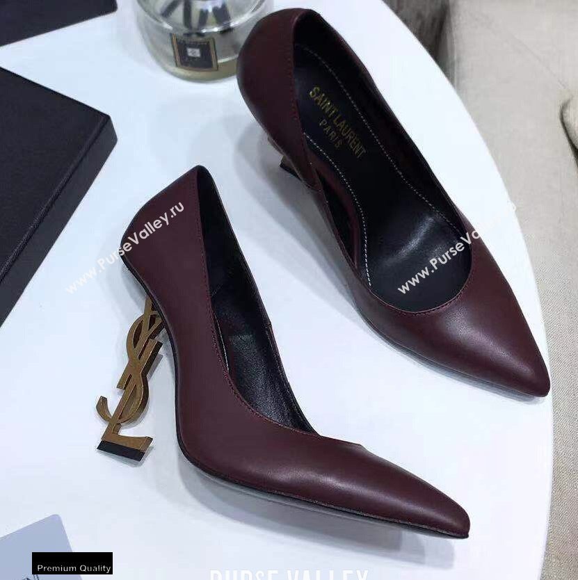 Saint Laurent Opyum Pumps Burgundy with Gold Interlocking YSL Logo Heel 11cm (modeng-20122915)