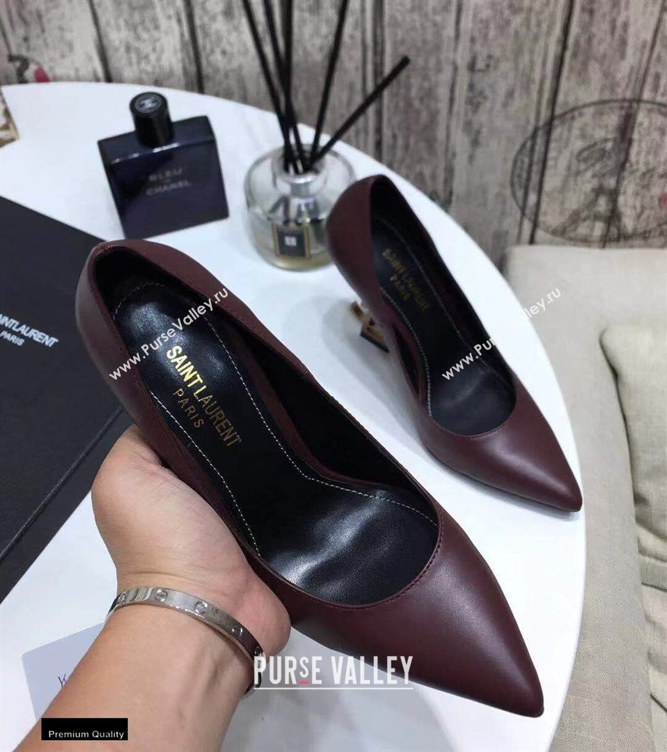 Saint Laurent Opyum Pumps Burgundy with Gold Interlocking YSL Logo Heel 11cm (modeng-20122915)