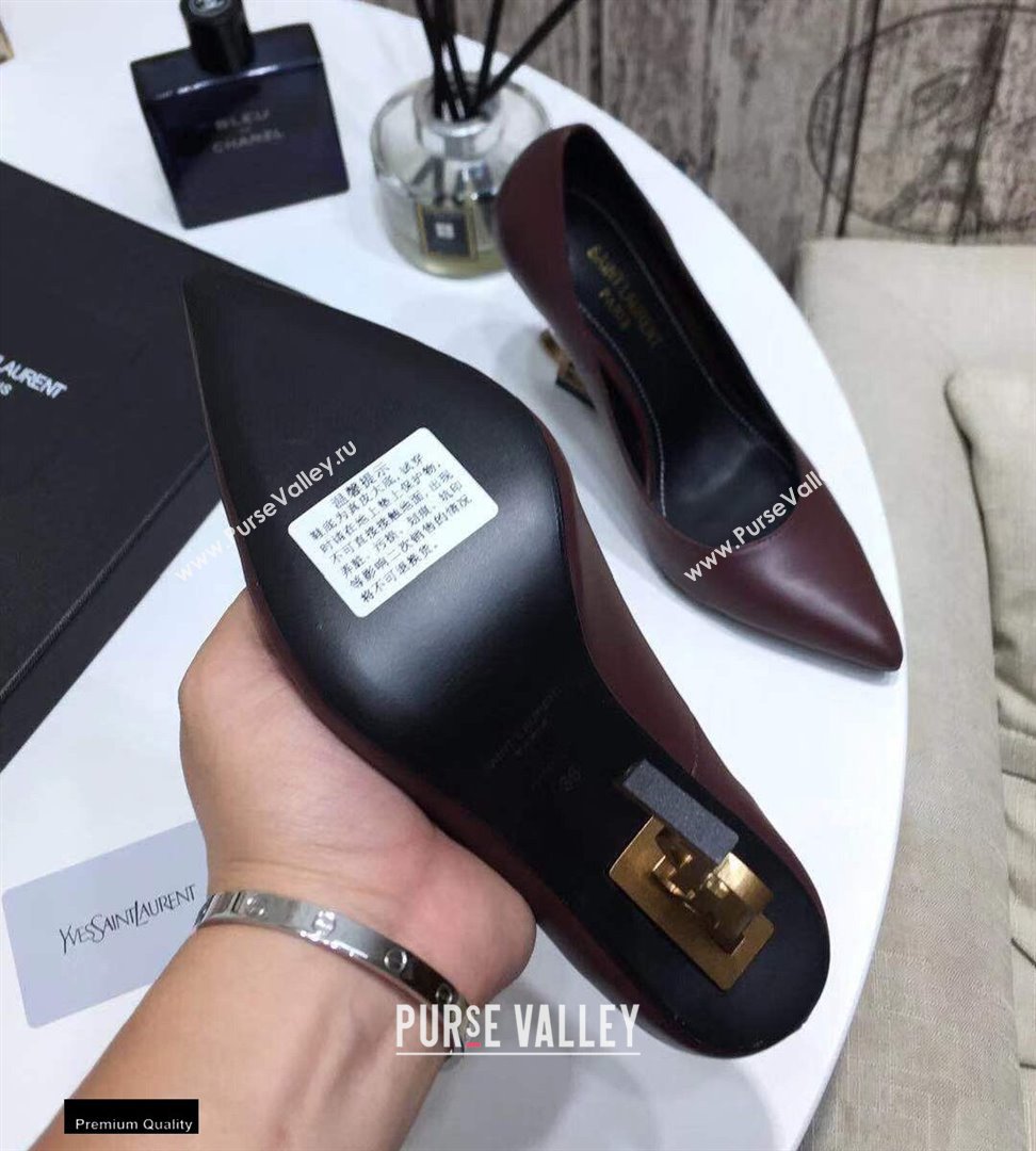 Saint Laurent Opyum Pumps Burgundy with Gold Interlocking YSL Logo Heel 11cm (modeng-20122915)