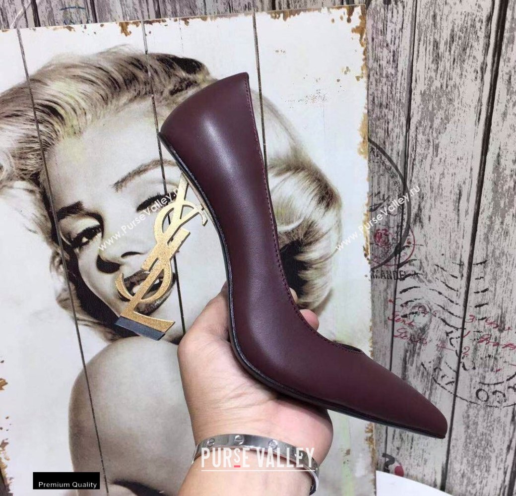 Saint Laurent Opyum Pumps Burgundy with Gold Interlocking YSL Logo Heel 11cm (modeng-20122915)