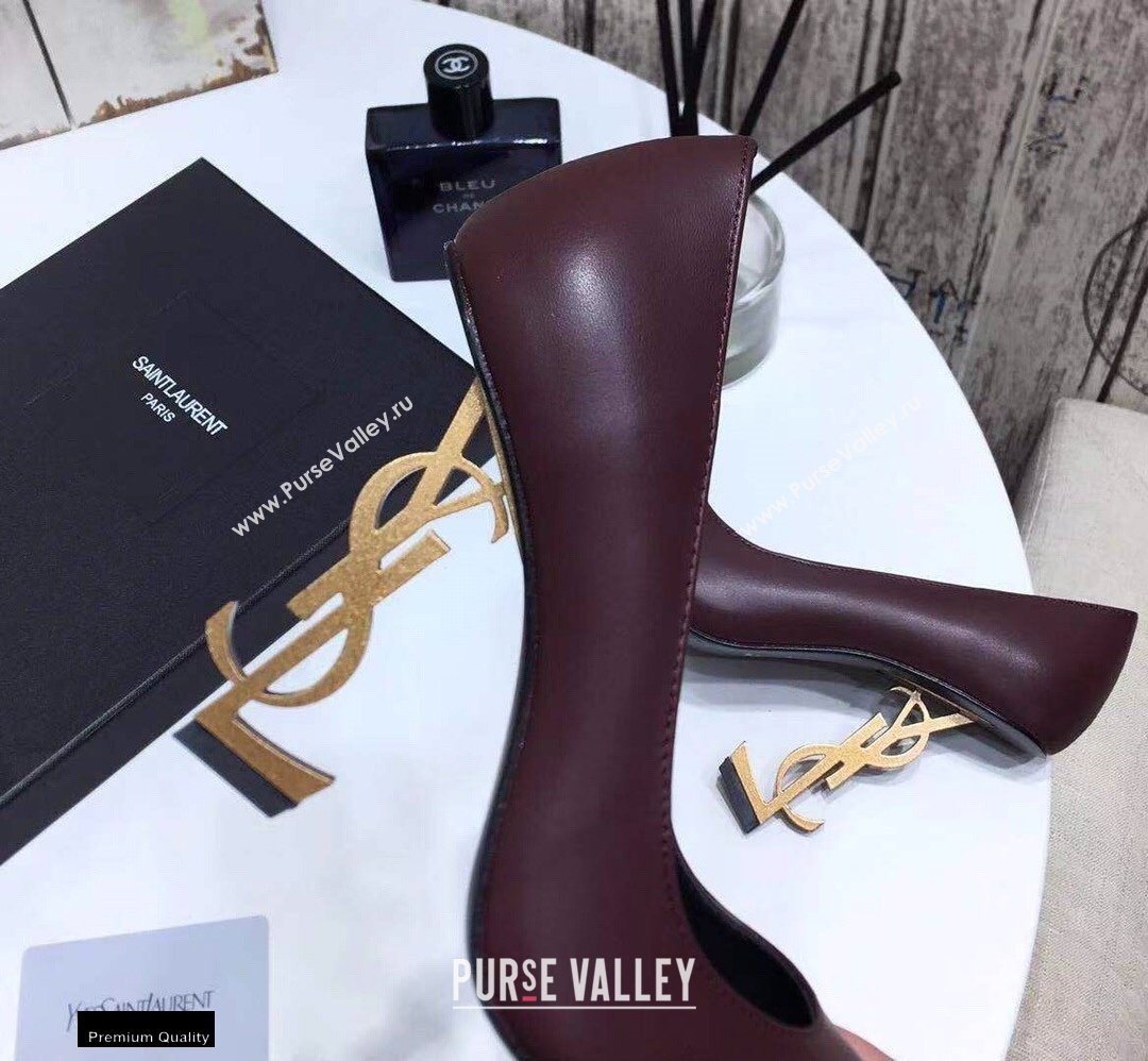 Saint Laurent Opyum Pumps Burgundy with Gold Interlocking YSL Logo Heel 11cm (modeng-20122915)