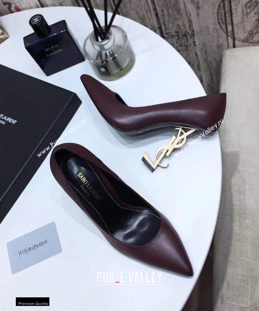 Saint Laurent Opyum Pumps Burgundy with Gold Interlocking YSL Logo Heel 11cm (modeng-20122915)