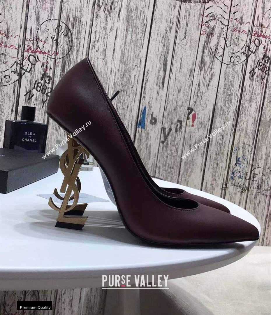 Saint Laurent Opyum Pumps Burgundy with Gold Interlocking YSL Logo Heel 11cm (modeng-20122915)