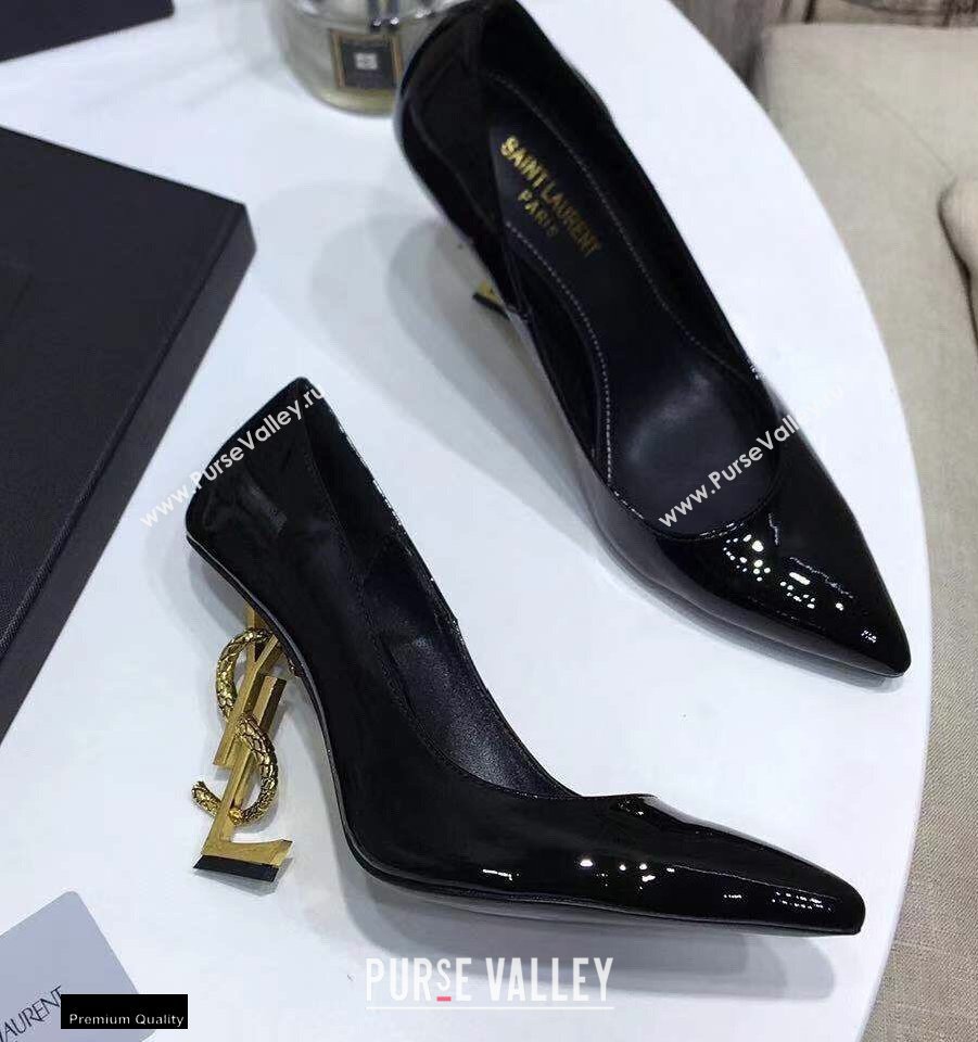 Saint Laurent Opyum Pumps Patent Black with Snake Gold Interlocking YSL Logo Heel 11cm (modeng-20122923)