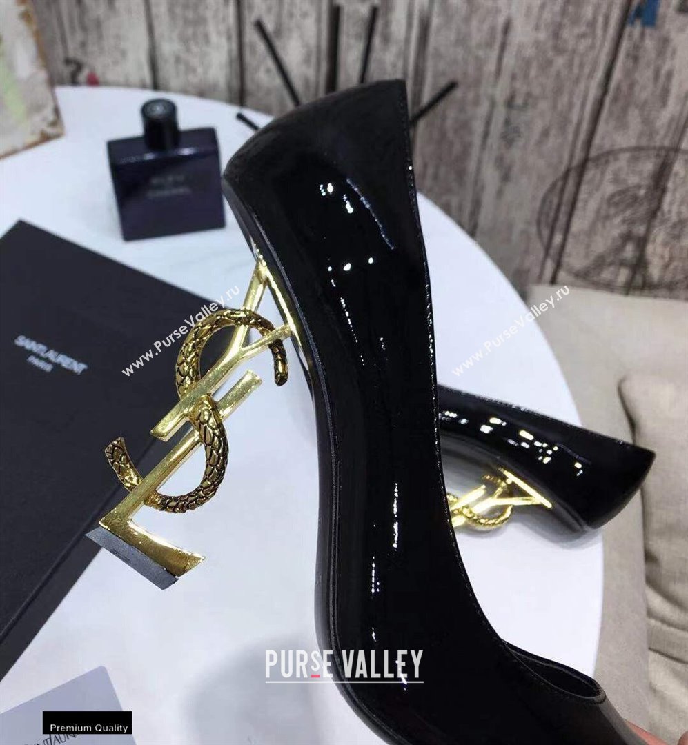 Saint Laurent Opyum Pumps Patent Black with Snake Gold Interlocking YSL Logo Heel 11cm (modeng-20122923)