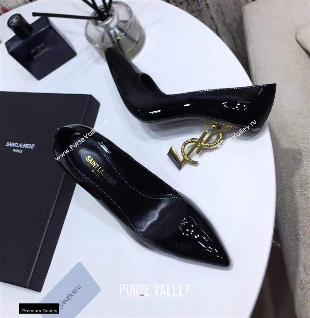 Saint Laurent Opyum Pumps Patent Black with Snake Gold Interlocking YSL Logo Heel 11cm (modeng-20122923)