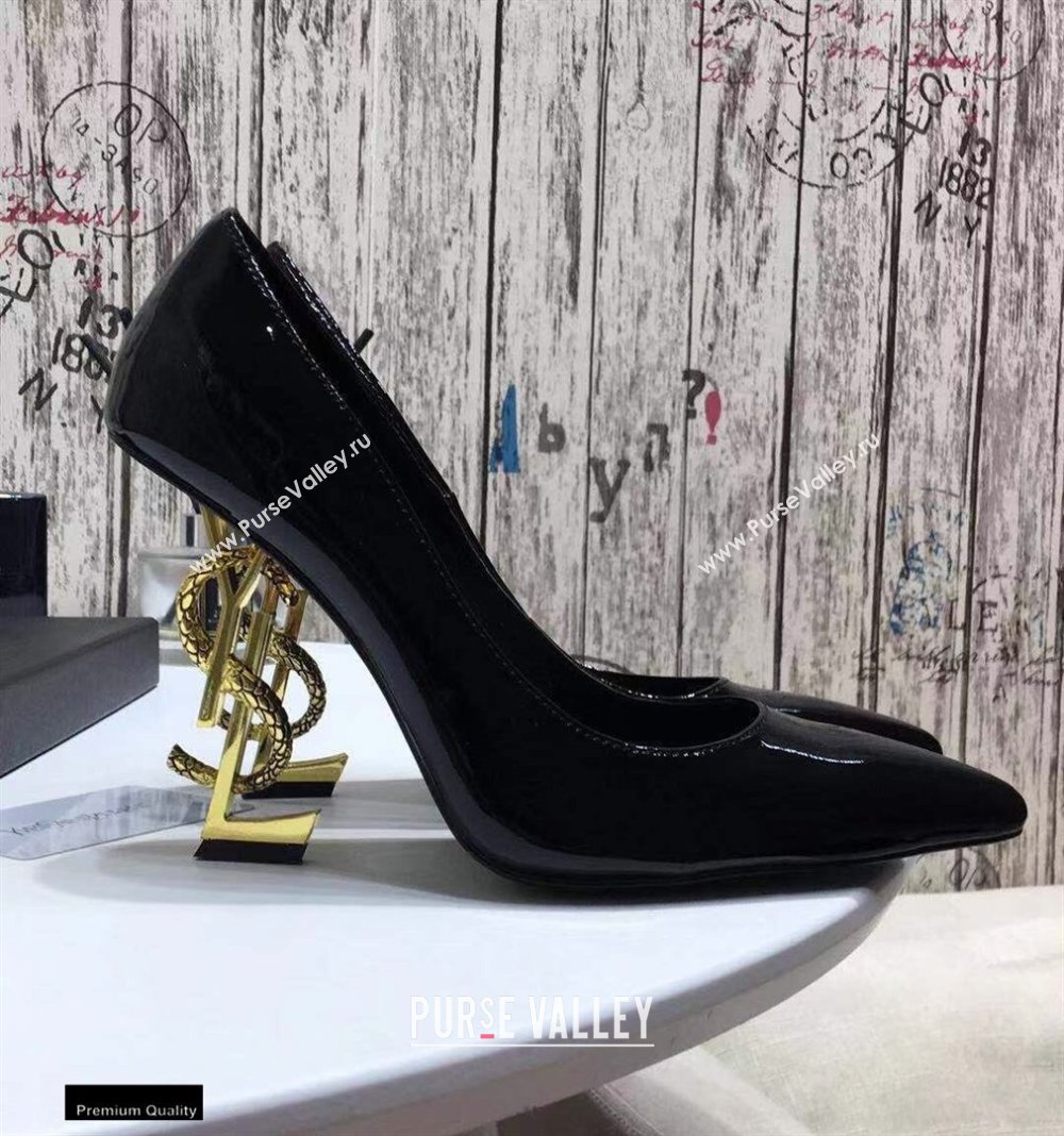 Saint Laurent Opyum Pumps Patent Black with Snake Gold Interlocking YSL Logo Heel 11cm (modeng-20122923)