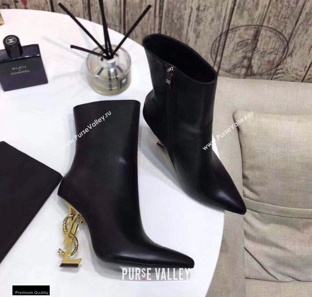 Saint Laurent Zip Opyum Ankle Boots Black with Snake Gold Interlocking YSL Logo Heel 11cm (modeng-20122911)