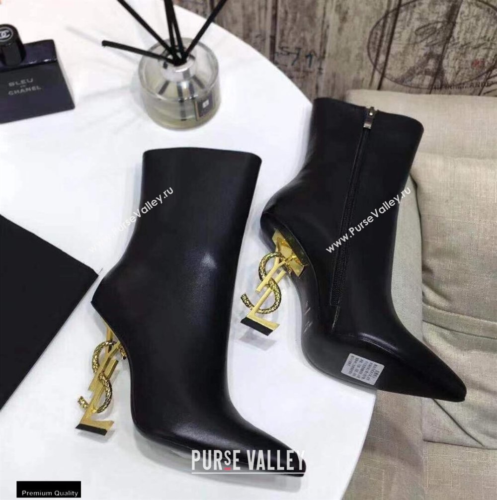 Saint Laurent Zip Opyum Ankle Boots Black with Snake Gold Interlocking YSL Logo Heel 11cm (modeng-20122911)