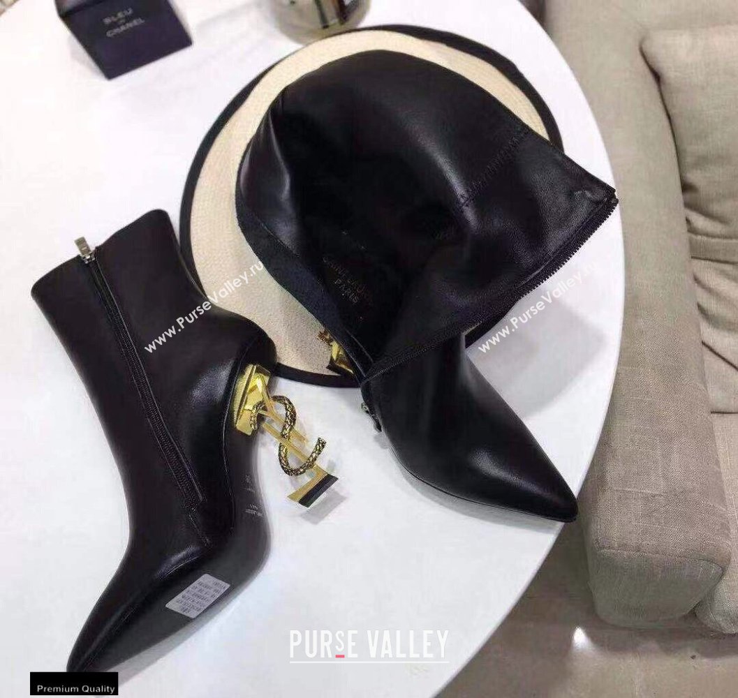 Saint Laurent Zip Opyum Ankle Boots Black with Snake Gold Interlocking YSL Logo Heel 11cm (modeng-20122911)